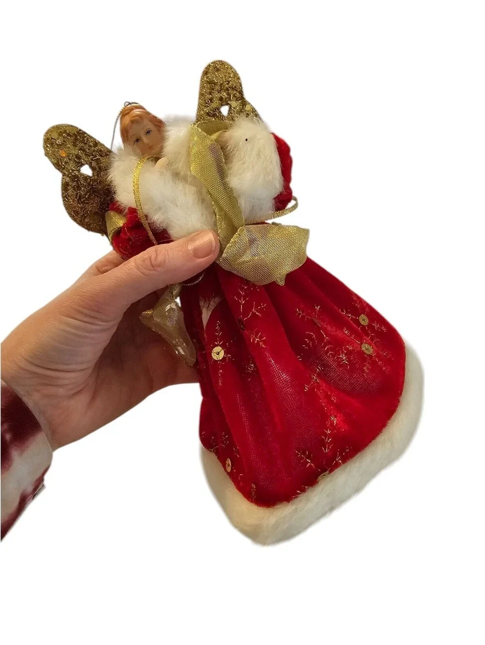 Vintage Christmas Tree Topper Angel Red White Porcelain Gold Wings